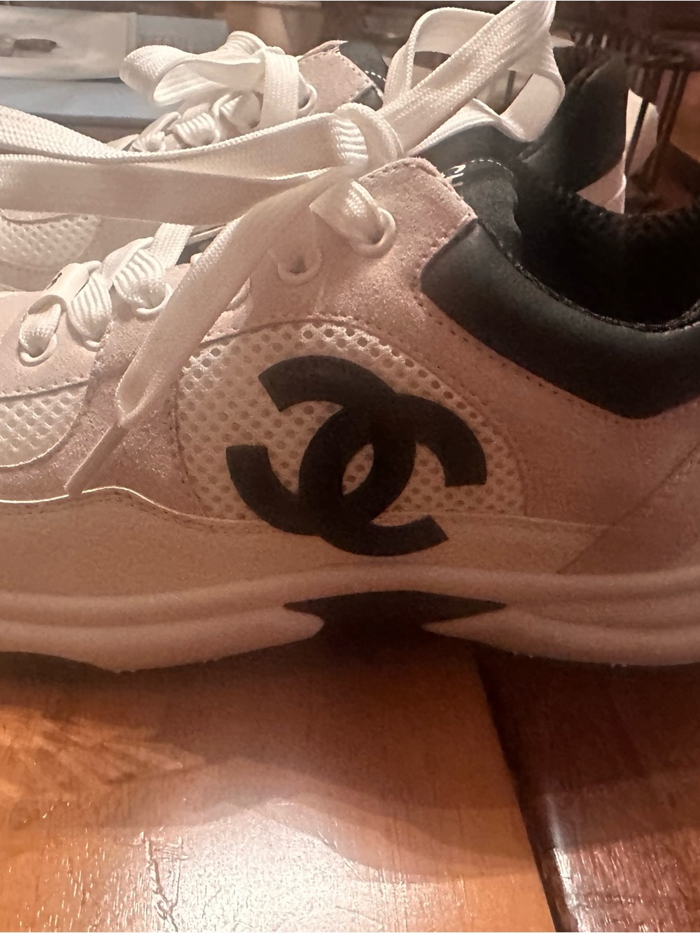 FASHION White, Beige & Black Lace-Up Logo Sneakers - Picture 6 of 7